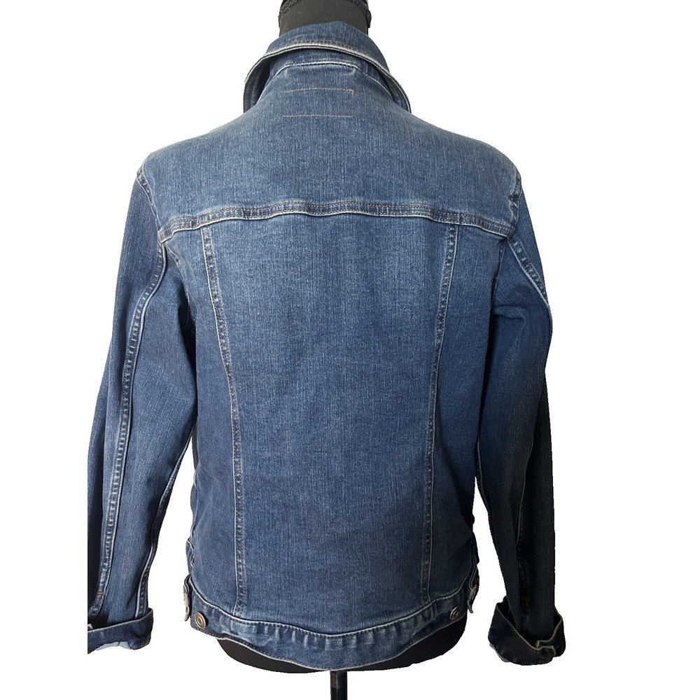 Women's Medium Blue Stretch Denim Trucker Jacket Button Front Casual Layering - Picture 3 of 5